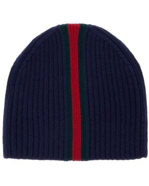 Gucci Web-Stripe Ribbed-Knit Beanie Hat - Blue