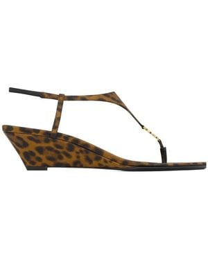 Saint Laurent Cassandra Leopard Wedge Sandals - Brown
