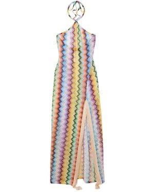 Missoni Fringed Striped Crochet-Knit Halterneck Maxi Dress - White