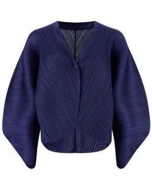 Pleats Please Issey Miyake Crêpe-Gauze Pleated Oversized Lantern-Sleeve Cardigan - Blue