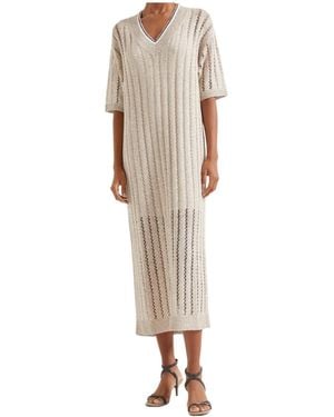 Brunello Cucinelli Dazzling Ribbed Net Knit Dress - Natural