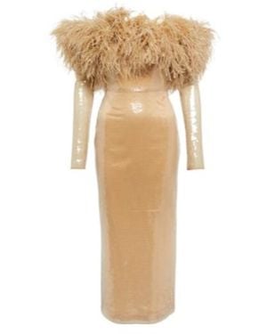 David Koma Feather-Trimmed Sequined Midi Dress - Natural