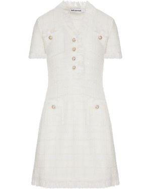 Self-Portrait Short Tweed Dress With Jewel Buttons And Fringed Edges - White