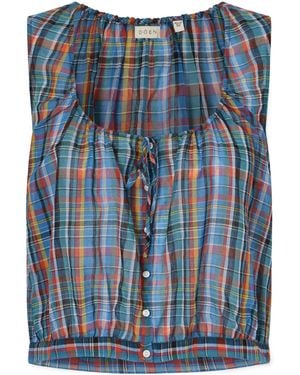 Doen Gathered Checked Organic Cotton-Voile Top - Blue
