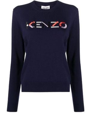 KENZO Logo Embroidered Knitted Jumper - Blue