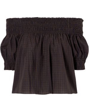 Matteau Shirred Off-The-Shoulder Checked Cotton Blouse - Black