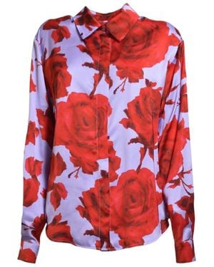 MSGM Floral-Detailed Curved Hem Shirt - Red
