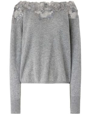 Ermanno Scervino Oversized Pure Cashmere Sweater With Couture Lace Neckline - Gray