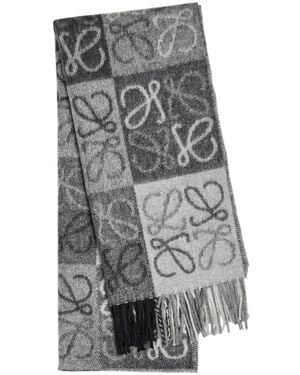 Loewe Anagram Checked Wool And Cashmere-Blend Scarf - Gray