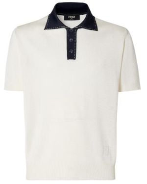 Fendi Contrast-Collar Knitted Polo Shirt - White
