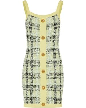 Balmain Check Patterned Tweed Mini Dress - Green