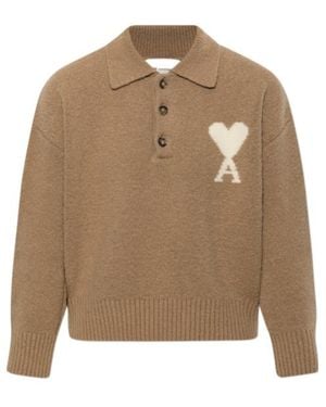 Ami Paris Ami Ami De Coeur Knitted Polo Shirt - Brown