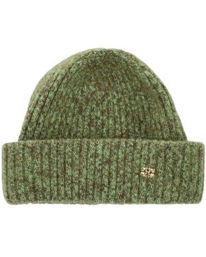 Ganni Turn-Up Brim Ribbed-Knit Beanie - Green