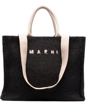 Marni Logo Embroidered Raffia Top Handle Tote Bag - Black