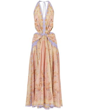Zimmermann Indra Plunge Printed Metallic Cotton And Silk-Blend Halterneck Maxi Dress - Natural
