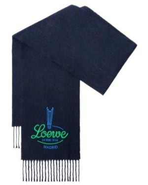 Loewe Logo Embroidered Fringed Scarf - Blue