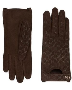 Gucci Gg Leather Gloves With Double G - Brown