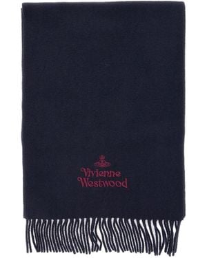 Vivienne Westwood Logo Embroidered Fringed Scarf - Blue