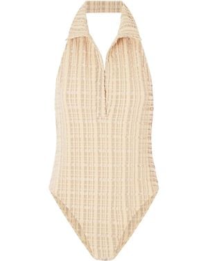 Lisa Marie Fernandez Checked Seersucker Halterneck Swimsuit - Natural