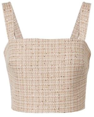 Elie Saab Checked Sequined Tweed Crop Top - Natural