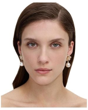 Self-Portrait Mini Crystal Flower Pearl Earrings - Brown