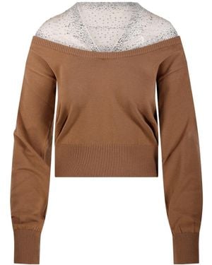 GIUSEPPE DI MORABITO Embellished Off-Shoulder Knitted Jumper - Brown