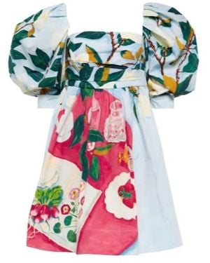 Oscar de la Renta Tablescape Puff-Sleeve Cotton Poplin Minidress - White