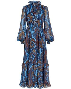Etro Print Ruffled Chiffon Maxi Dress - Blue