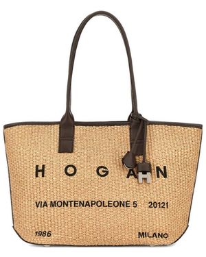 Hogan Logo Detail Top Handle Bag - Natural