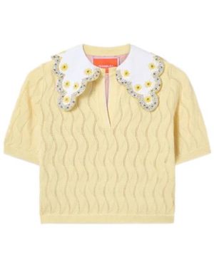 La DoubleJ Pointelle-Knit Embroidered-Collar T-Shirt - Natural
