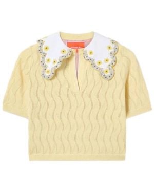 La DoubleJ Pointelle-Knit Embroidered-Collar T-Shirt - Natural