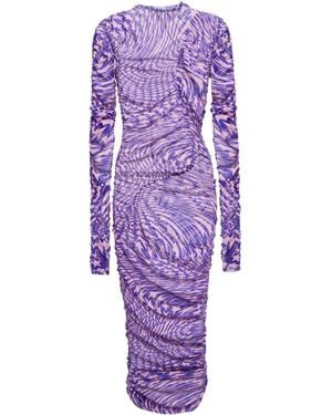Mugler Pleated Mesh Printed Dress - Purple