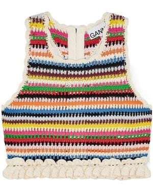 Ganni Multicolour Crochet Frill Top - Red