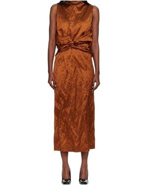 Lanvin Pleated Blend Satin Long Dress - Brown