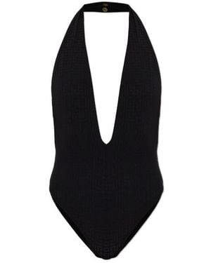 Balmain Plunge Monogram One-Piece Beachwear - Black