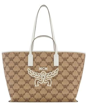 MCM Monogrammed Logo Detailed Tote Bag - Natural