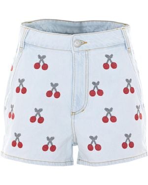 FARM Rio Embroidered Cherry Denim Shorts - Blue