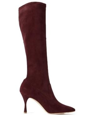 Manolo Blahnik Elastic Suede Knee Boots - Red