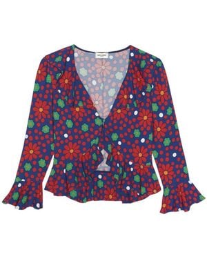 Saint Laurent Ruffled V-Neck Blouse - Red
