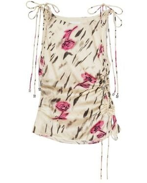 Ganni Graphic Printed Stretch Satin Gathered Top - White