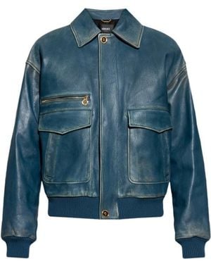 Versace Long-Sleeved Leather Jacket - Blue