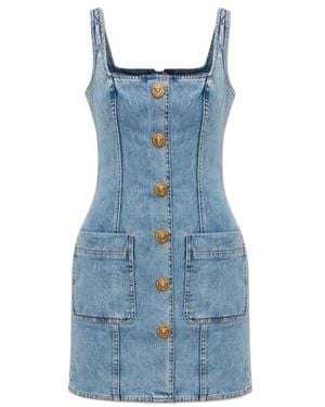Balmain Button-Front Denim Mini Dress - Blue