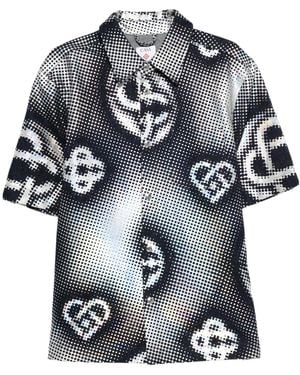 CASABLANCA Pearlescent Monogram Short Sleeve Denim Shirt - Blue