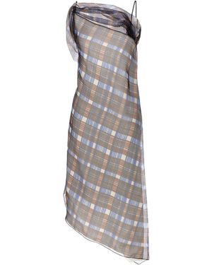Ferragamo Asymmetrical Organza Dress With Delicate Check Print - Grey