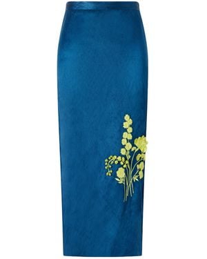 Erdem Floral-Embroidered Metallic Satin Midi Skirt - Blue