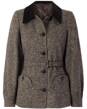 Blazé Milano Sarissa Belted Velvet-Trimmed Tweed Jacket - Brown