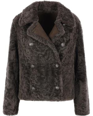 Brunello Cucinelli Double-Breasted Shearling Coat - Black