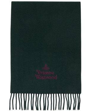 Vivienne Westwood Logo Embroidered Fringed Scarf - Green
