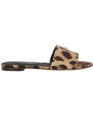 Dolce & Gabbana Leopard Woven Leather Slide Sandals - Brown