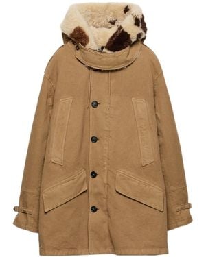 Prada Hooded Shearling-Trimmed Parka - Brown